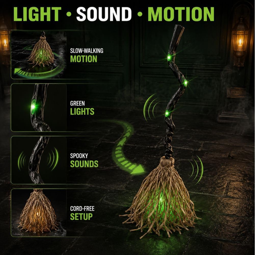 Moving Witch Broomstick with Light & Sound, Halloween Decor