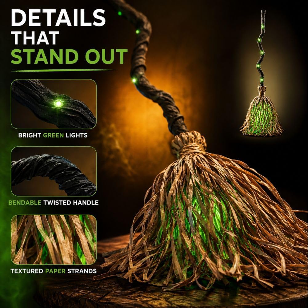 Moving Witch Broomstick with Light & Sound, Halloween Decor