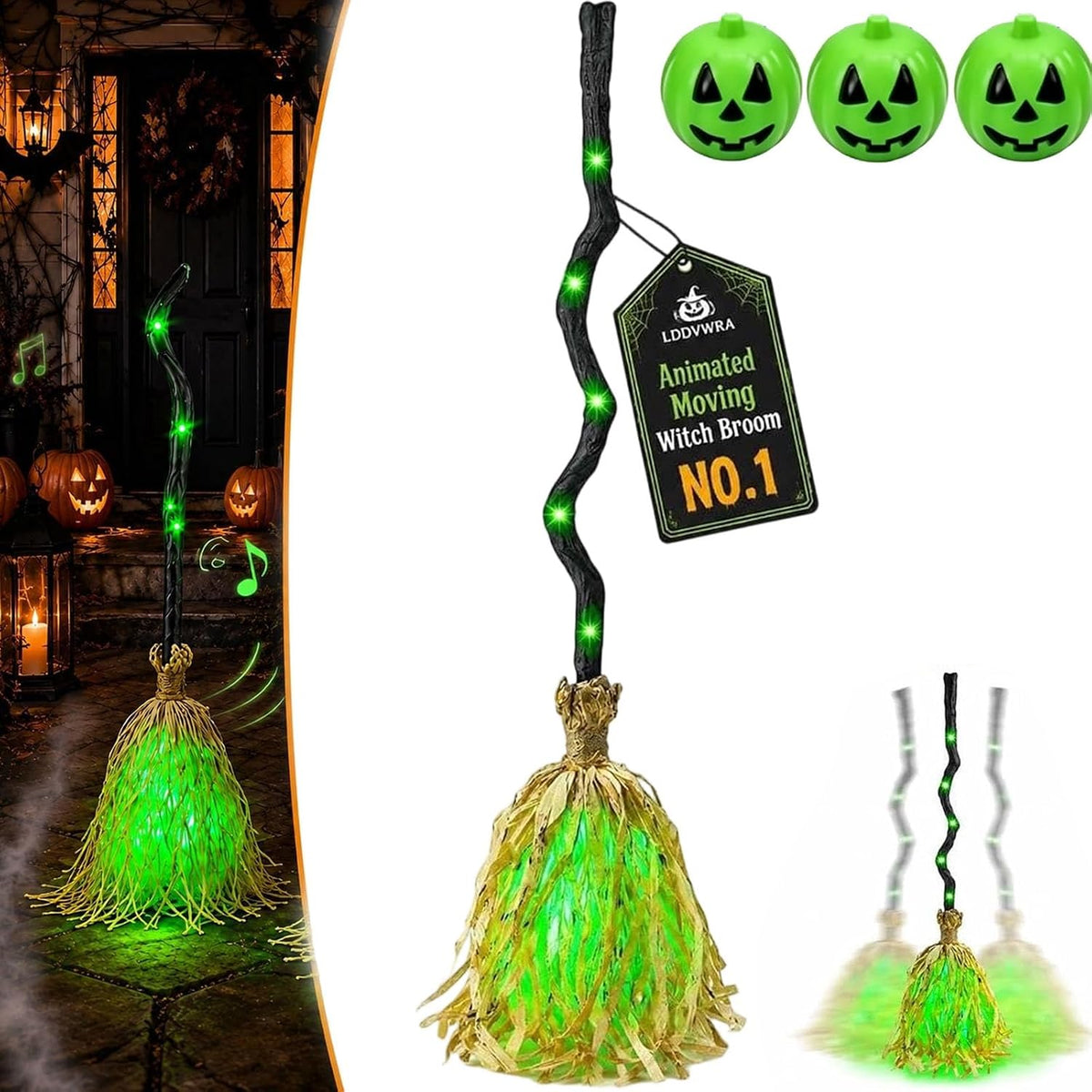 Moving Witch Broomstick with Light & Sound, Halloween Decor
