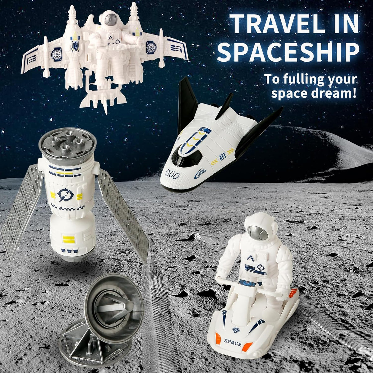 Wbzle Space Ship Toys for Kids, Rocket Toy Set with Light Sound Spray Effect, Space Set Include Car, Rocket Launcher, Satellites, Outer Space Playset Series