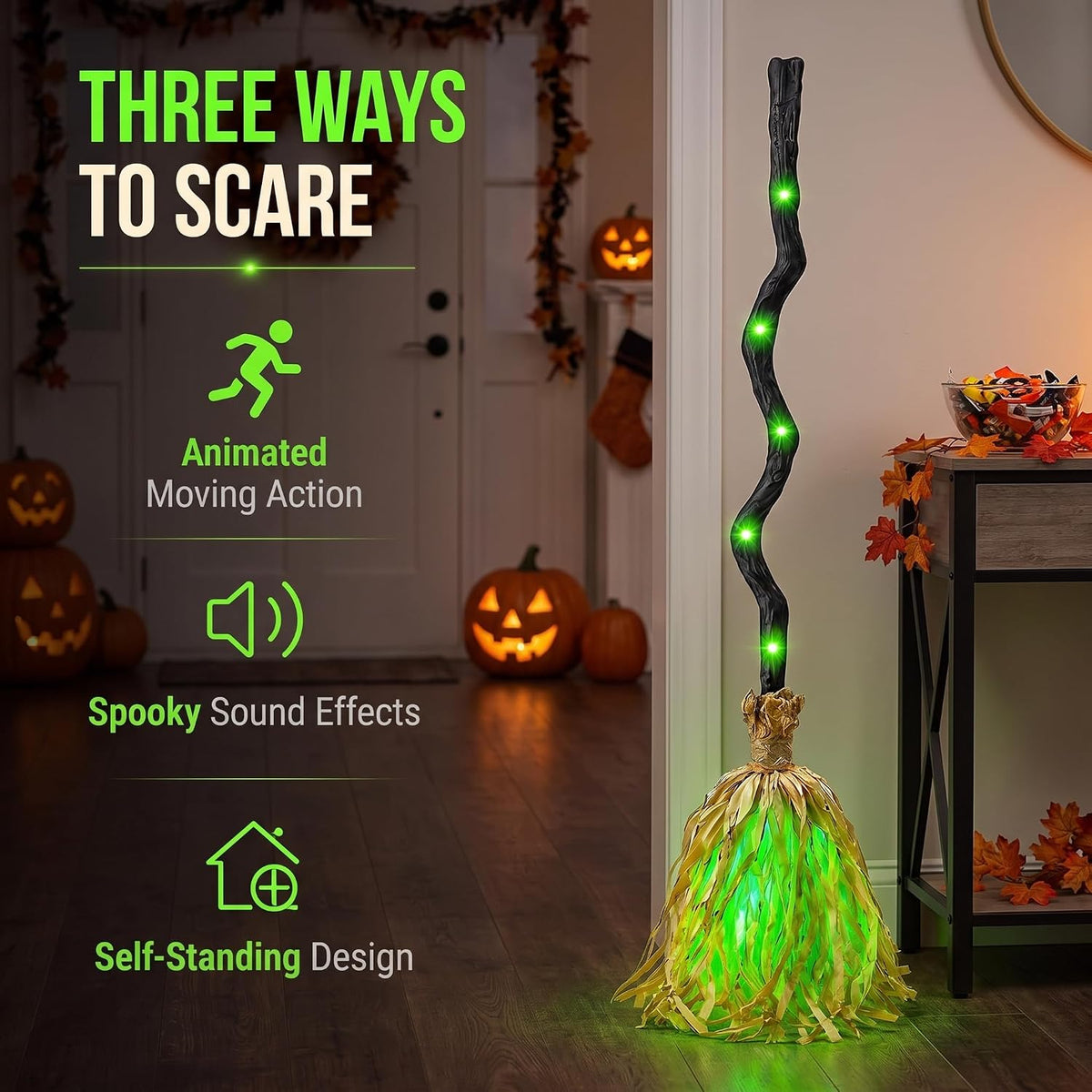 Moving Witch Broomstick with Light & Sound, Halloween Decor