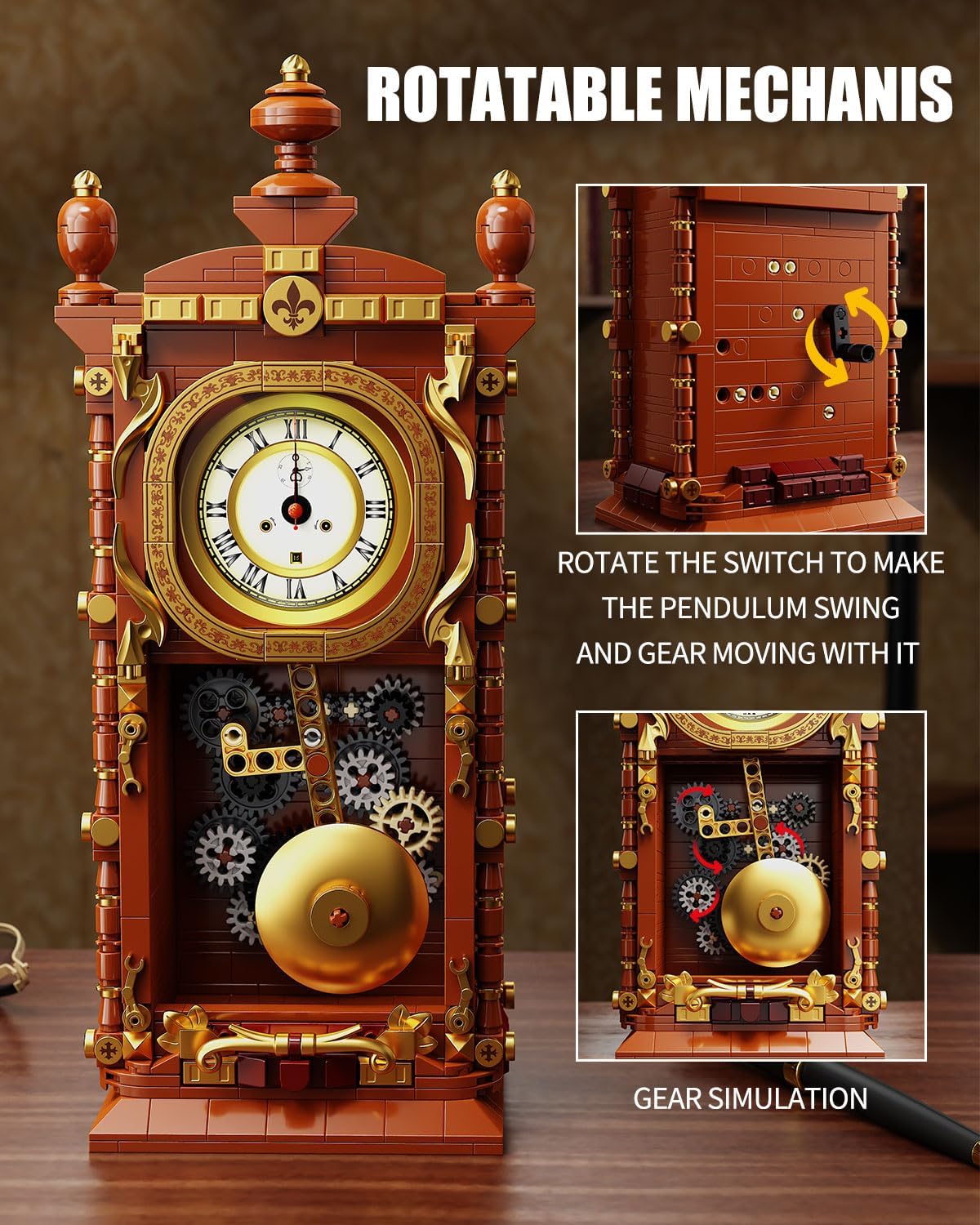 Vintage Swing Clock Building Blocks Set with Working Pendulum