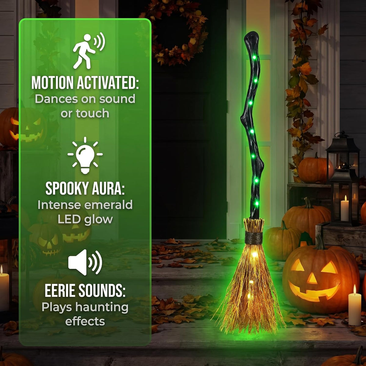 Moving Witch Broomstick with Light & Sound, Halloween Decor