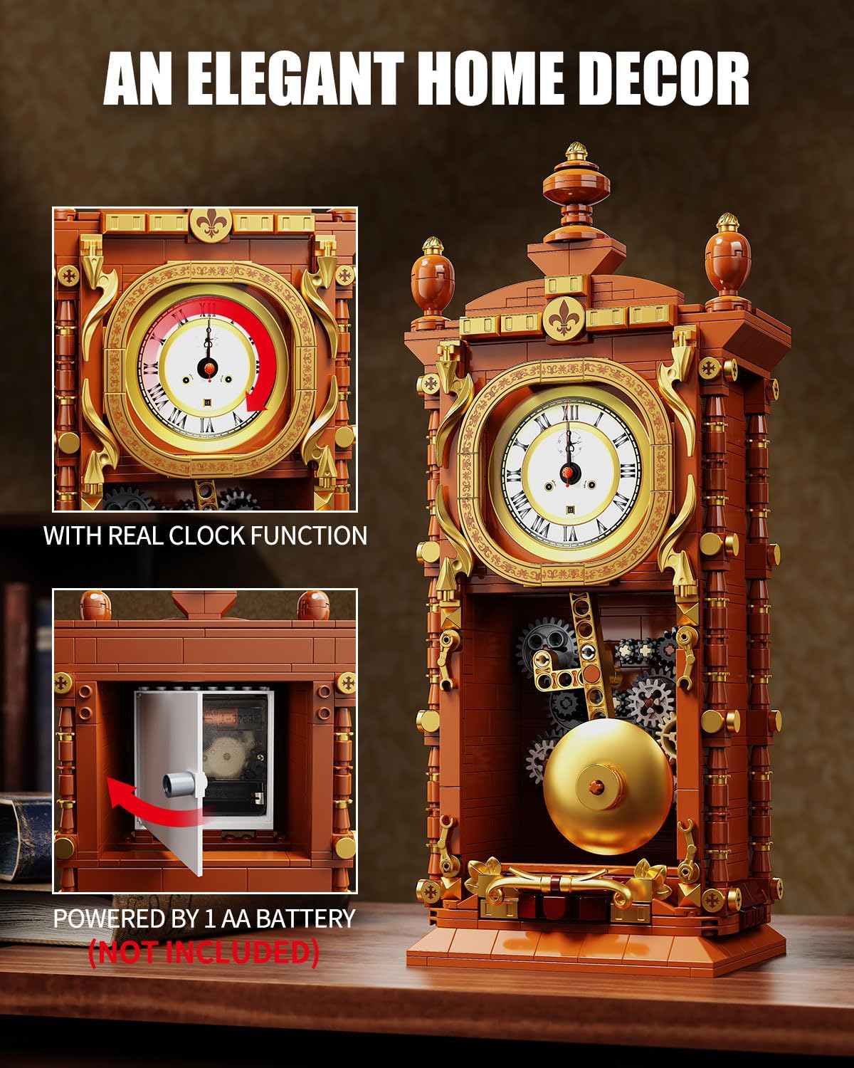 Vintage Swing Clock Building Blocks Set with Working Pendulum
