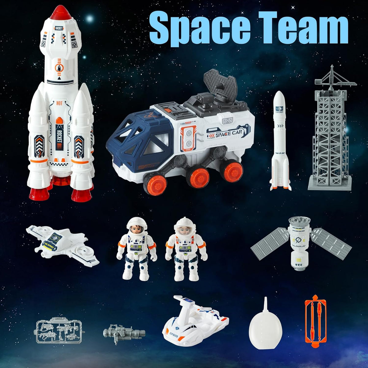 Wbzle Space Ship Toys for Kids, Rocket Toy Set with Light Sound Spray Effect, Space Set Include Car, Rocket Launcher, Satellites, Outer Space Playset Series