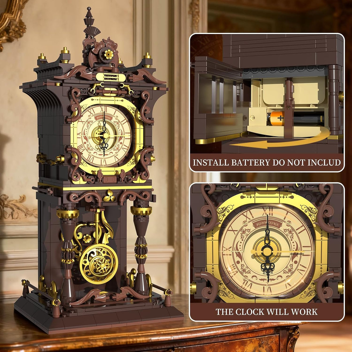 Vintage Swing Clock Building Blocks Set with Working Pendulum